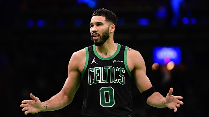 Nov 19, 2024; Boston, Massachusetts, USA; Boston Celtics forward Jayson Tatum (0) questions a non call to the official during the second half against the Cleveland Cavaliers at TD Garden. Mandatory Credit: Bob DeChiara-Imagn Images Nov 19, 2024; Boston, Massachusetts, USA; Boston Celtics forward Jayson Tatum (0) questions a non call to the official during the second half against the Cleveland Cavaliers at TD Garden. Mandatory Credit: Bob DeChiara-Imagn Images