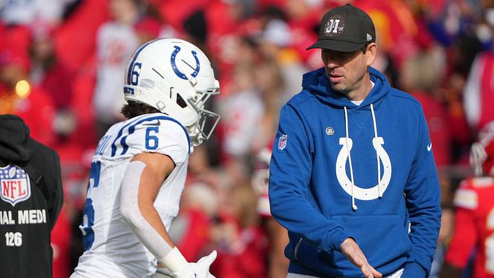 Nov 23, 2025; Kansas City, Missouri, USA; Indianapolis Colts head coach Shane Steichen greets wide receiver Anthony Gould (6) before the game against the Kansas City Chiefs at GEHA Field at Arrowhead Stadium. Mandatory Credit: Denny Medley-Imagn Images Nov 23, 2025; Kansas City, Missouri, USA; Indianapolis Colts head coach Shane Steichen greets wide receiver Anthony Gould (6) before the game against the Kansas City Chiefs at GEHA Field at Arrowhead Stadium. Mandatory Credit: Denny Medley-Imagn Images
