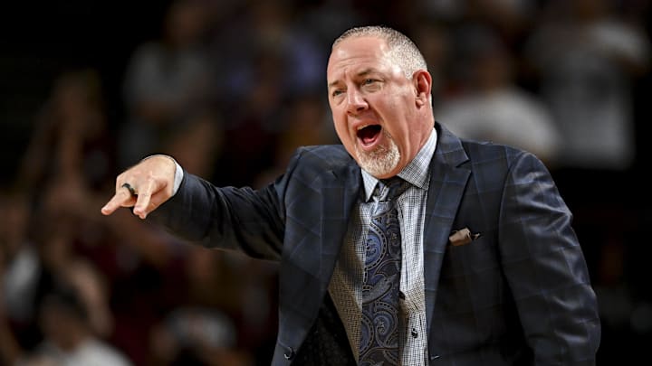 Nov 8, 2024; College Station, Texas, USA; Texas A&M Aggies head coach Buzz Williams reacts during the first half against the East Texas A&M Lions at Reed Arena. The Aggies defeated the Lions 87-55. Mandatory Credit: Maria Lysaker-Imagn Images Nov 8, 2024; College Station, Texas, USA; Texas A&M Aggies head coach Buzz Williams reacts during the first half against the East Texas A&M Lions at Reed Arena. The Aggies defeated the Lions 87-55. Mandatory Credit: Maria Lysaker-Imagn Images