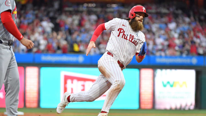 Jun 2, 2024; Philadelphia, Pennsylvania, USA; Philadelphia Phillies outfielder Brandon Marsh (16) runs towards third base before scoring run against the St. Louis Cardinals during the second inning at Citizens Bank Park. 