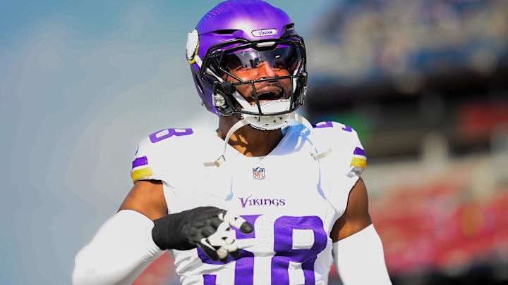 Nov 17, 2024; Nashville, Tennessee, USA;  Minnesota Vikings linebacker Jonathan Greenard (58) warms up before a game against the Tennessee Titans at Nissan Stadium.