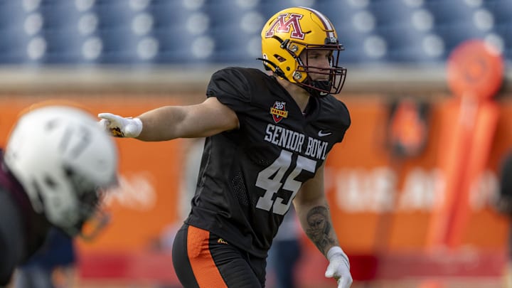 National team linebacker Cody Lindenberg of Minnesota sets up for a play during Senior Bowl practice for the National team at Hancock Whitney Stadium in Mobile, Ala., on Jan. 28, 2025.