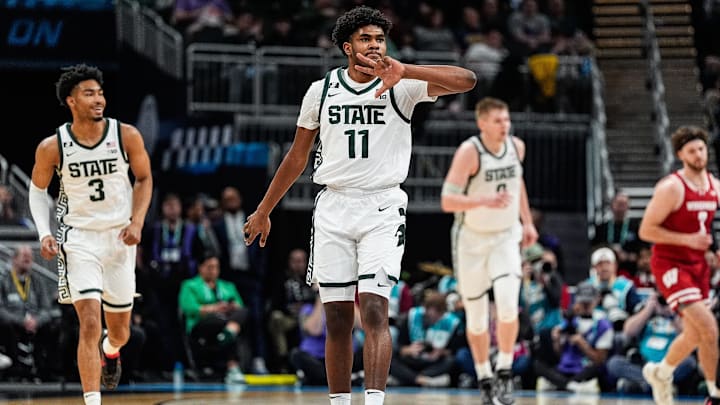 Michigan State guard Jase Richardson celebrates a 3-point basket against Wisconsin during the first half of a Big Ten Tournament semifinal at Gainbridge Fieldhouse in Indianapolis on Saturday, March 15, 2025.
