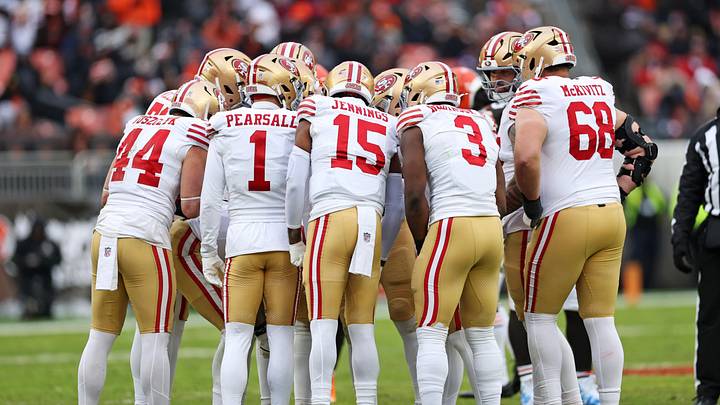 Nov 30, 2025; Cleveland, Ohio, USA; The San Francisco 49ers huddle up after the break during the second half against the Cleveland Browns at Huntington Bank Field. Mandatory Credit: Scott Galvin-Imagn Images Nov 30, 2025; Cleveland, Ohio, USA; The San Francisco 49ers huddle up after the break during the second half against the Cleveland Browns at Huntington Bank Field. Mandatory Credit: Scott Galvin-Imagn Images