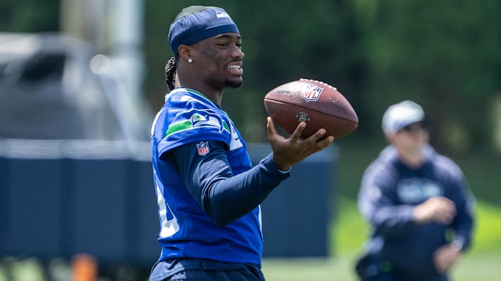 Seattle Seahawks quarterback Jalen Milroe is pictured during mini-camp at Virginia Mason Athletic Center. 