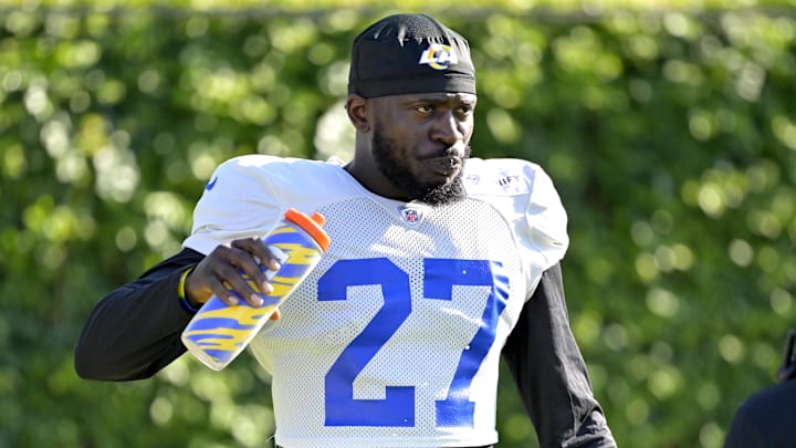 Jul 29, 2024; Los Angeles, CA, USA; Los Angeles Rams cornerback Tre'Davious White (27) looks on during training camp at Loyola Marymount University. Mandatory Credit: Jayne Kamin-Oncea-Imagn Images