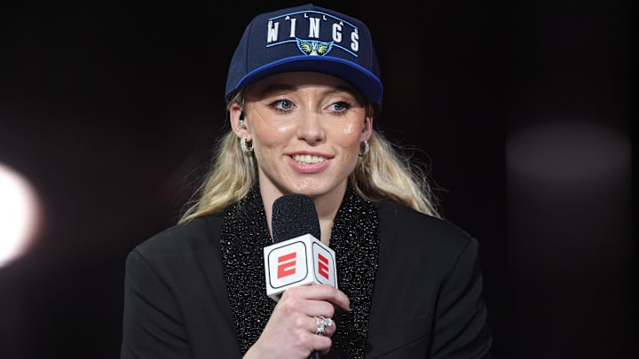 Paige Bueckers is interviewed by ESPN after being selected with the number one overall pick to the Dallas Wings in the 2025 WNBA Draft at The Shed at Hudson Yards.