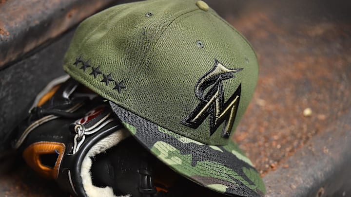 May 29, 2017; Miami, FL, USA; A general view of the special Memorial Day hat worn by Miami Marlins players in the game against the Philadelphia Phillies at Marlins Park. 