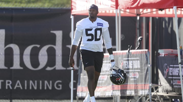 Jul 23, 2025; Houston, TX, USA;  Houston Texans defensive end Solomon Byrd (50) during training camp at Houston Methodist Training Center. Mandatory Credit: Troy Taormina-Imagn Images