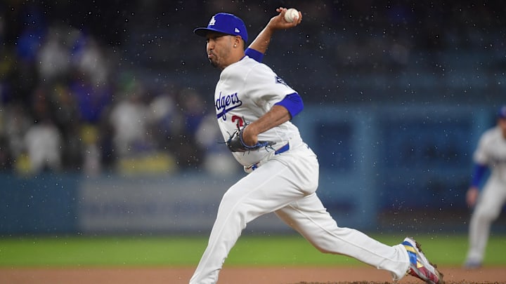 Mar 31, 2026; Los Angeles, California, USA; Los Angeles Dodgers pitcher Edwin Diaz (3) throws against the Cleveland Guardians during the ninth inning at Dodger Stadium. Mandatory Credit: Gary A. Vasquez-Imagn Images