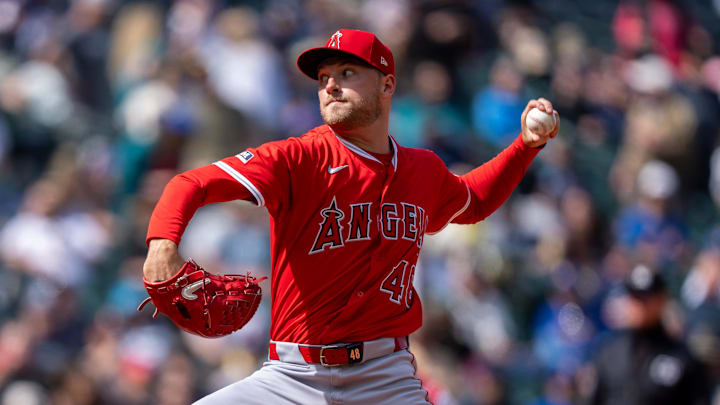 Los Angeles Angels reliever Reid Detmers (48) delivers a pitch during the seventh inning against the Seattle Mariners at T-Mobile Park. Los Angeles Angels reliever Reid Detmers (48) delivers a pitch during the seventh inning against the Seattle Mariners at T-Mobile Park.