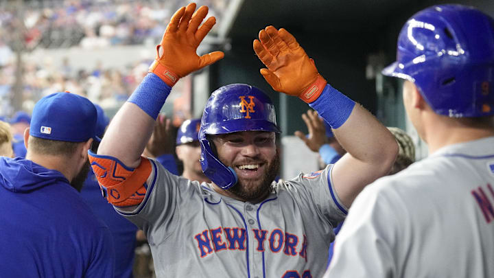 Jun 17, 2024; Arlington, Texas, USA; New York Mets right fielder DJ Stewart (29) celebrates his three-run home run with teammates in the dugout during the second inning against the Texas Rangers at Globe Life Field. Jun 17, 2024; Arlington, Texas, USA; New York Mets right fielder DJ Stewart (29) celebrates his three-run home run with teammates in the dugout during the second inning against the Texas Rangers at Globe Life Field.