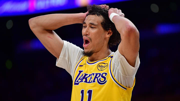 Apr 3, 2025; Los Angeles, California, USA; Los Angeles Lakers center Jaxson Hayes (11) reacts to a foul called against him during the second half at Crypto.com Arena. Mandatory Credit: Gary A. Vasquez-Imagn Images