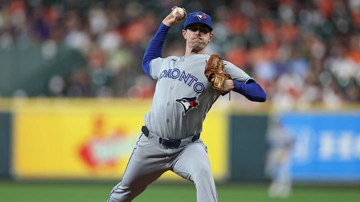 Aug 3, 2026; Houston, Texas, USA; Toronto Blue Jays starting pitcher Shane Bieber (57) delivers a pitch during the second inning against the Houston Astros at Daikin Park. Mandatory Credit: Troy Taormina-Imagn Images