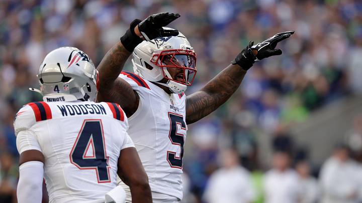 Sep 9, 2026; Seattle, Washington, USA; New England Patriots defensive end Dre'Mont Jones (5) reacts after sacking Seattle Seahawks quarterback Sam Darnold (14) during the first quarter at Lumen Field. Mandatory Credit: Joe Nicholson-Imagn Images Sep 9, 2026; Seattle, Washington, USA; New England Patriots defensive end Dre'Mont Jones (5) reacts after sacking Seattle Seahawks quarterback Sam Darnold (14) during the first quarter at Lumen Field. Mandatory Credit: Joe Nicholson-Imagn Images