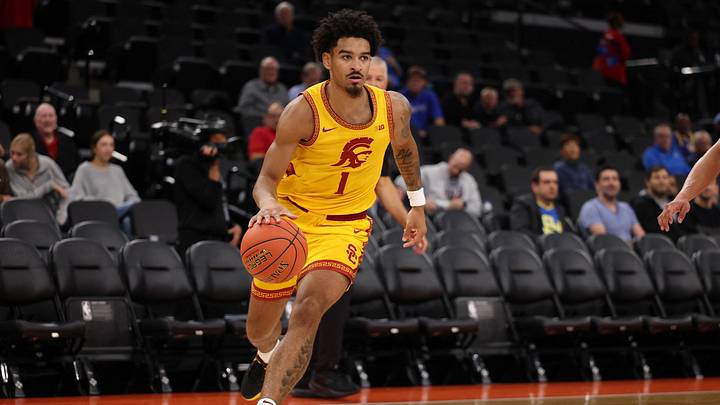 Nov 14, 2025; Inglewood, California, USA; Southern California Trojans guard Rodney Rice (1) dribbles the ball during the first half of the Hall of Fame Series game against the Illinois State Redbirds at Intuit Dome. Nov 14, 2025; Inglewood, California, USA; Southern California Trojans guard Rodney Rice (1) dribbles the ball during the first half of the Hall of Fame Series game against the Illinois State Redbirds at Intuit Dome.
