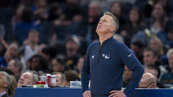 Golden State Warriors head coach Steve Kerr against the Philadelphia 76ers at Chase Center. 