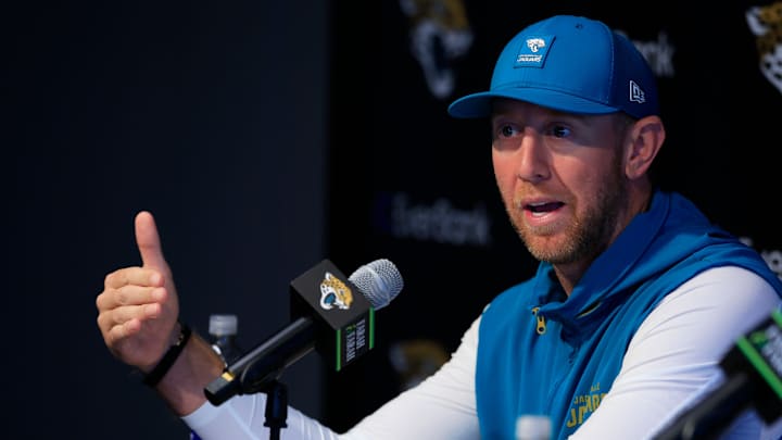 Jacksonville Jaguars head coach Liam Coen speaks during a press conference at the Miller Electric Center, Wednesday, Jan. 14, 2026, in Jacksonville, Fla. Jacksonville Jaguars head coach Liam Coen speaks during a press conference at the Miller Electric Center, Wednesday, Jan. 14, 2026, in Jacksonville, Fla.