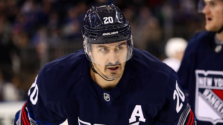 Nov 3, 2024; New York, New York, USA; New York Rangers left wing Chris Kreider (20) skates against the New York Islanders during the third period at Madison Square Garden. Mandatory Credit: Danny Wild-Imagn Images
