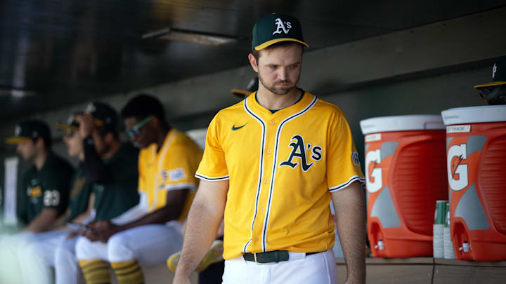 West Sacramento, California, USA; Athletics starting pitcher Gunnar Hoglund (53) waits while his team to bat against the Philadelphia Phillies during the second inning at Sutter Health Park. West Sacramento, California, USA; Athletics starting pitcher Gunnar Hoglund (53) waits while his team to bat against the Philadelphia Phillies during the second inning at Sutter Health Park.