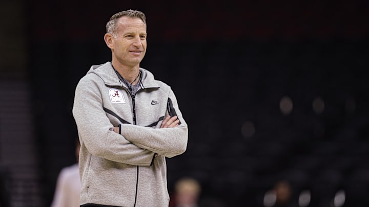 Mar 26, 2025; Newark, NJ, USA; Alabama Crimson Tide head coach Nate Oats during a practice session in preparation for an East Regional semifinal game against the Brigham Young Cougars at Prudential Center. Mandatory Credit: Vincent Carchietta-Imagn Images Mar 26, 2025; Newark, NJ, USA; Alabama Crimson Tide head coach Nate Oats during a practice session in preparation for an East Regional semifinal game against the Brigham Young Cougars at Prudential Center. Mandatory Credit: Vincent Carchietta-Imagn Images
