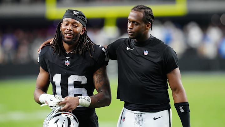 Sep 15, 2025; Paradise, Nevada, USA; Las Vegas Raiders wide receiver Jakobi Meyers (16) and Las Vegas Raiders quarterback Geno Smith (7) walk off the field after the game at Allegiant Stadium. Mandatory Credit: Stephen R. Sylvanie-Imagn Images Sep 15, 2025; Paradise, Nevada, USA; Las Vegas Raiders wide receiver Jakobi Meyers (16) and Las Vegas Raiders quarterback Geno Smith (7) walk off the field after the game at Allegiant Stadium. Mandatory Credit: Stephen R. Sylvanie-Imagn Images