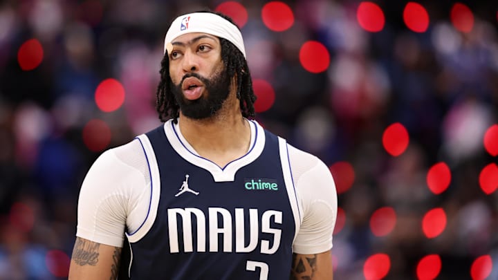 Apr 5, 2025; Inglewood, California, USA;  Dallas Mavericks forward Anthony Davis (3) looks on during the second half against the Los Angeles Clippers at Intuit Dome. Mandatory Credit: Kiyoshi Mio-Imagn Images