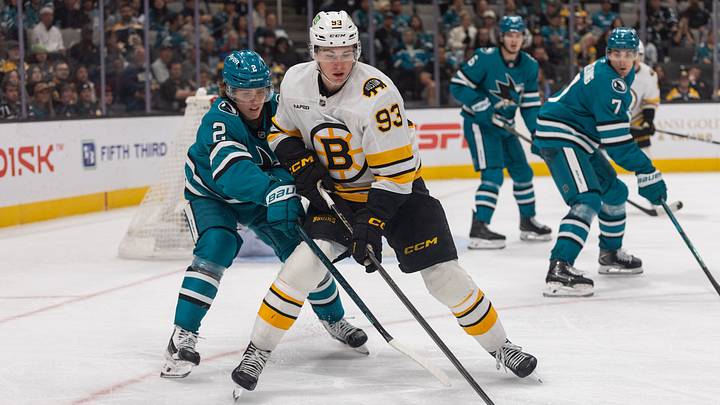 Oct 13, 2026; San Jose, California, USA; Boston Bruins center Fraser Minten (93) and San Jose Sharks center Will Smith (2) battle for the puck during the third period at SAP Center at San Jose. Mandatory Credit: Stan Szeto-Imagn Images Oct 13, 2026; San Jose, California, USA; Boston Bruins center Fraser Minten (93) and San Jose Sharks center Will Smith (2) battle for the puck during the third period at SAP Center at San Jose. Mandatory Credit: Stan Szeto-Imagn Images