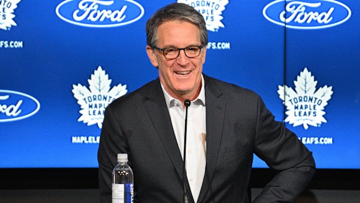 May 21, 2024; Toronto, Ontario, CANADA; Toronto Maple Leafs president Brendan Shanahan speaks during a media conference to introduce new head coach Craig Berube (not shown) at Ford Performance Centre. Mandatory Credit: Dan Hamilton-Imagn Images May 21, 2024; Toronto, Ontario, CANADA; Toronto Maple Leafs president Brendan Shanahan speaks during a media conference to introduce new head coach Craig Berube (not shown) at Ford Performance Centre. Mandatory Credit: Dan Hamilton-Imagn Images
