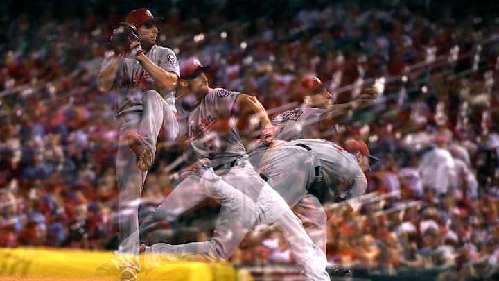 Jul 2, 2017; St. Louis, MO, USA; A multiple exposure of Washington Nationals starting pitcher Max Scherzer (31) pitching during the seventh inning against the St. Louis Cardinals at Busch Stadium. Mandatory Credit: Jeff Curry-Imagn Images