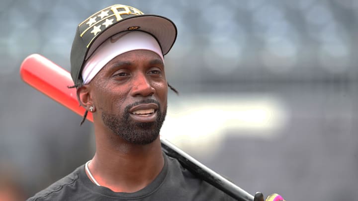 Jul 18, 2025; Pittsburgh, Pennsylvania, USA; Pittsburgh Pirates designated hitter Andrew McCutchen (22) at the batting cage before the game against the Chicago White Sox at PNC Park. Mandatory Credit: Charles LeClaire-Imagn Images Jul 18, 2025; Pittsburgh, Pennsylvania, USA; Pittsburgh Pirates designated hitter Andrew McCutchen (22) at the batting cage before the game against the Chicago White Sox at PNC Park. Mandatory Credit: Charles LeClaire-Imagn Images