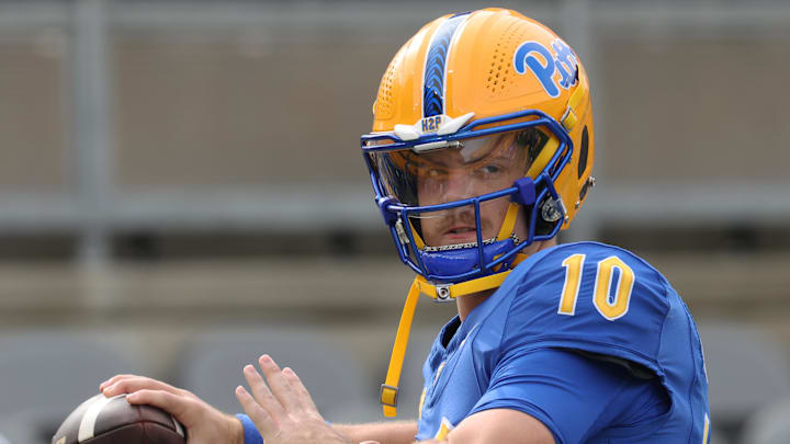 Sep 27, 2025; Pittsburgh, Pennsylvania, USA;  Pittsburgh Panthers quarterback Eli Holstein (10) warms up before the game against the Louisville Cardinals at Acrisure Stadium. Mandatory Credit: Charles LeClaire-Imagn Images