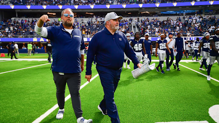 Aug 11, 2024; Inglewood, California, USA; Dallas Cowboys head coach Mike McCarthy followng the game against the Los Angeles Rams at SoFi Stadium. Mandatory Credit: Gary A. Vasquez-USA TODAY Sports