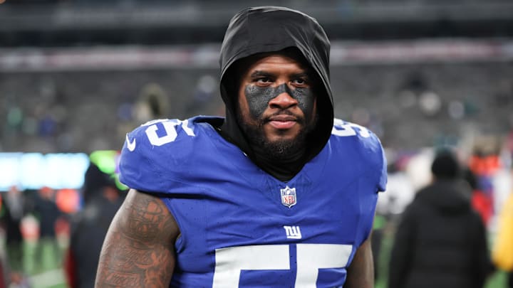 Jan 7, 2024; East Rutherford, New Jersey, USA; New York Giants linebacker Jihad Ward (55) walks off the field after the game against the Philadelphia Eagles at MetLife Stadium. Mandatory Credit: Vincent Carchietta-Imagn Images