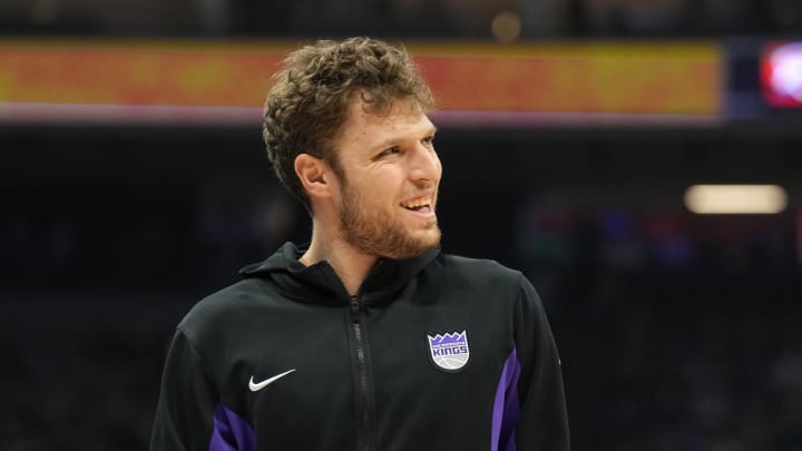 Dec 14, 2023; Sacramento, California, USA; Sacramento Kings forward Sasha Vezenkov (7) before the game against the Oklahoma City Thunder at Golden 1 Center. Mandatory Credit: Darren Yamashita-USA TODAY Sports