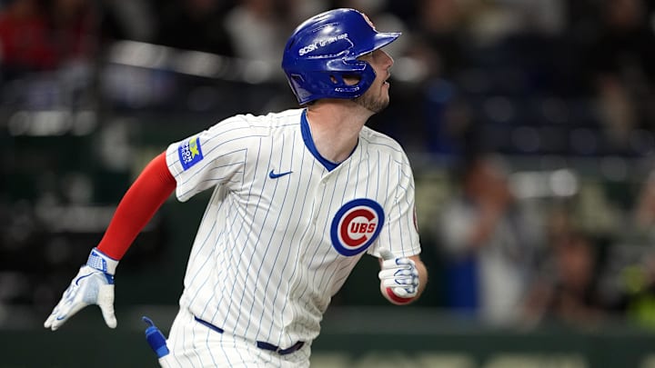 Mar 15, 2025; Bunkyo, Tokyo, Japan; Chicago Cubs right fielder Kyle Tucker (30) during the ninth inning against the Hanshin Tigers at Tokyo Dome.