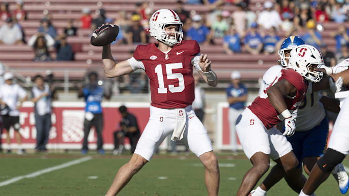 Sep 27, 2025; Stanford, California, USA; Stanford Cardinal quarterback Ben Gulbranson (15) throws the ball during the first quarter against the San Jose State Spartans at Stanford Stadium. Mandatory Credit: Stan Szeto-Imagn Images. Sep 27, 2025; Stanford, California, USA; Stanford Cardinal quarterback Ben Gulbranson (15) throws the ball during the first quarter against the San Jose State Spartans at Stanford Stadium. Mandatory Credit: Stan Szeto-Imagn Images.