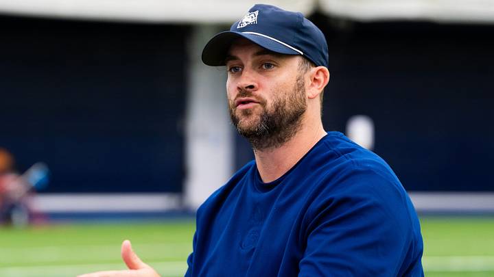 Penn State Nittany Lions offensive coordinator Taylor Mouser answers questions during football media day in Holuba Hall. 