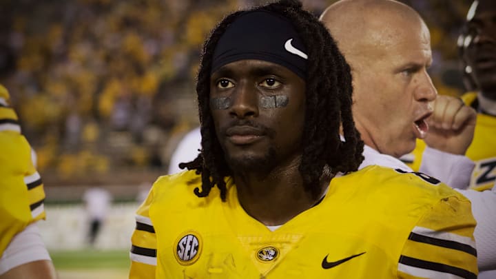 Sep 21, 2024; Columbia, Missouri, USA; Missouri Tigers running back Nate Noel (8) looks on at the crowd following a win over the Vanderbilt Commodores at Faurot Field at Memorial Stadium. Sep 21, 2024; Columbia, Missouri, USA; Missouri Tigers running back Nate Noel (8) looks on at the crowd following a win over the Vanderbilt Commodores at Faurot Field at Memorial Stadium.
