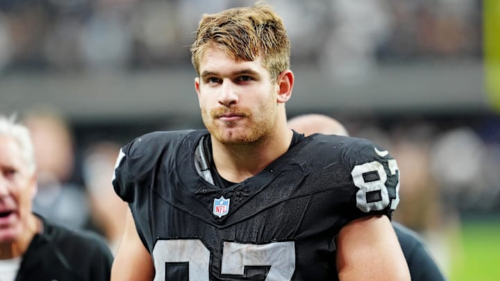 Oct 12, 2025; Paradise, Nevada, USA; Las Vegas Raiders tight end Michael Mayer (87) reacts after the game against the Tennessee Titans at Allegiant Stadium. Mandatory Credit: Stephen R. Sylvanie-Imagn Images