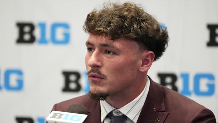 Indiana linebacker Aiden Fisher speaks to the media during the Big Ten NCAA college football media days at Mandalay Bay Resort.