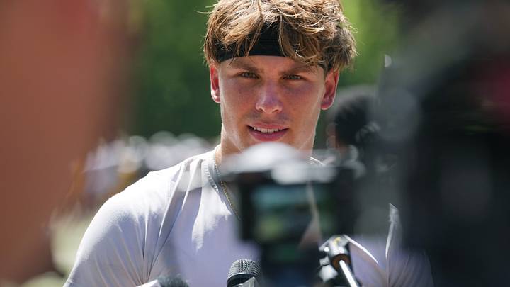 ASU quarterback Sam Leavitt speaks to the media after the team held their first day of practice at Camp Tontozona on Aug. 6, 2025. ASU quarterback Sam Leavitt speaks to the media after the team held their first day of practice at Camp Tontozona on Aug. 6, 2025.