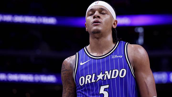 May 3, 2026; Detroit, Michigan, USA; Orlando Magic forward Paolo Banchero (5) reacts in the first half against the Detroit Pistons during game seven of the first round of the 2026 NBA Playoffs at Little Caesars Arena. Mandatory Credit: Rick Osentoski-Imagn Images