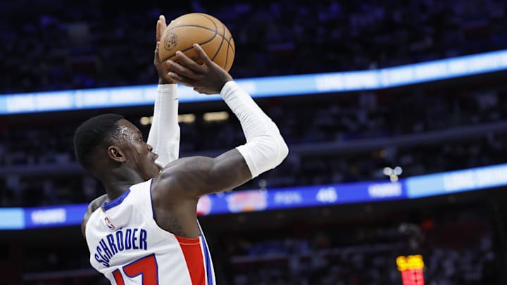 Apr 24, 2025; Detroit, Michigan, USA; Detroit Pistons guard Dennis Schroder (17) shoots in the second half against the New York Knicks during game three of first round for the 2024 NBA Playoffs at Little Caesars Arena. Mandatory Credit: Rick Osentoski-Imagn Images