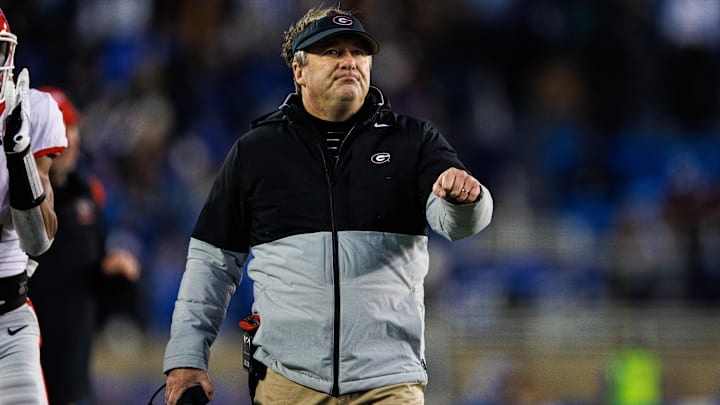 Nov 19, 2022; Lexington, Kentucky, USA; Georgia Bulldogs head coach Kirby Smart celebrates after a touchdown against the Kentucky Wildcats during the third quarter at Kroger Field. Mandatory Credit: Jordan Prather-Imagn Images