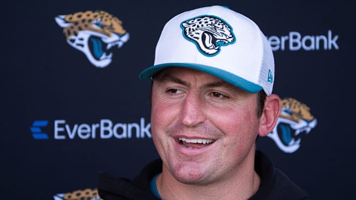 Jacksonville Jaguars Offensive Coordinator Grant Udinski, answers questions after the Jacksonville Jaguars’ 18th and final training camp practice at Miller Electric Center in Jacksonville, Fla. Wednesday August 20, 2025. [Doug Engle/Florida Times-Union]