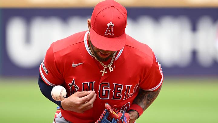 May 13, 2026; Cleveland, Ohio, USA; Los Angeles Angels third baseman Yoan Moncada (10) makes an error on a ball hit by Cleveland Guardians center fielder Angel Martinez (not pictured) during the third inning at Progressive Field. Mandatory Credit: Ken Blaze-Imagn Images