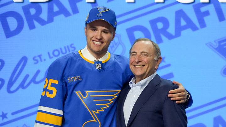Jun 27, 2025; Los Angeles, California, USA; Justin Carbonneau is selected as the 19th overall pick to the St. Louis Blues in the first round of the 2025 NHL Draft at Peacock Theater. Mandatory Credit: Kirby Lee-Imagn Images