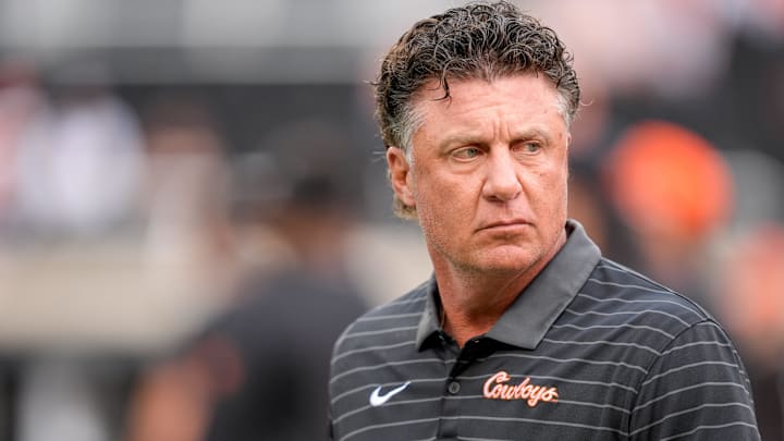 Oklahoma State Head coach Mike Gundy walks on the field before an NCAA football game between Oklahoma State (OSU) and UT Martin in Stillwater, Okla., on Thursday, Aug. 28, 2025.