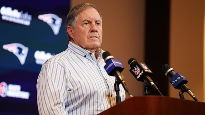 Jan 7, 2024; Foxborough, Massachusetts, USA; New England Patriots head coach Bill Belichick talks to reporters after the game against the New York Jets at Gillette Stadium. Mandatory Credit: David Butler II-Imagn Images